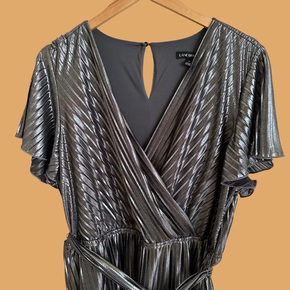 Lane Bryant size 18 Silver Metallic Pleated Crossover Dress High Low Lined Party - Picture 2 of 7